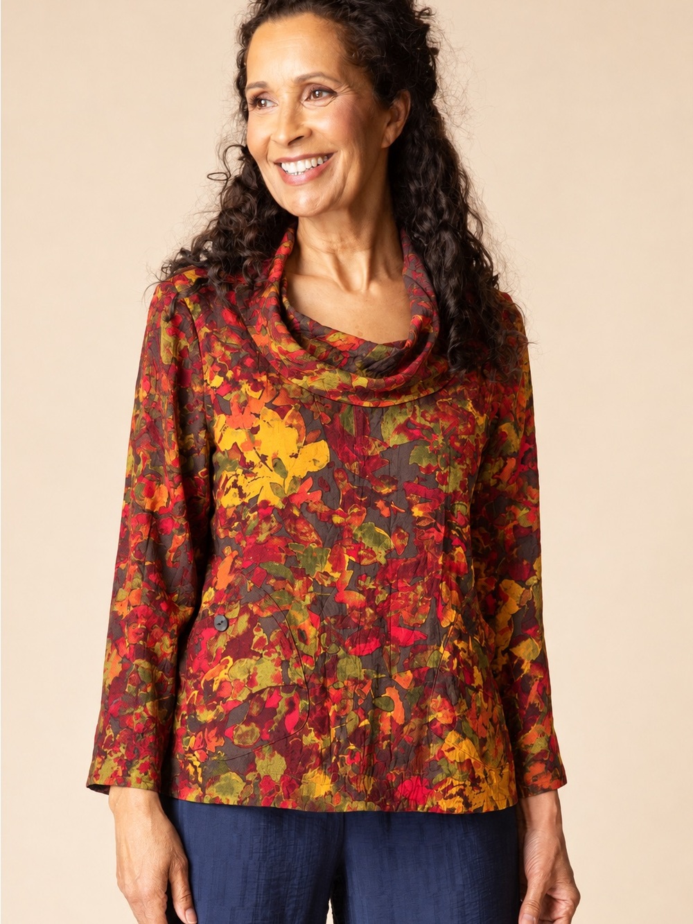 Habitat Wearable Art Floral Cowl Neck Tunic Top Red Orange Medium NWT